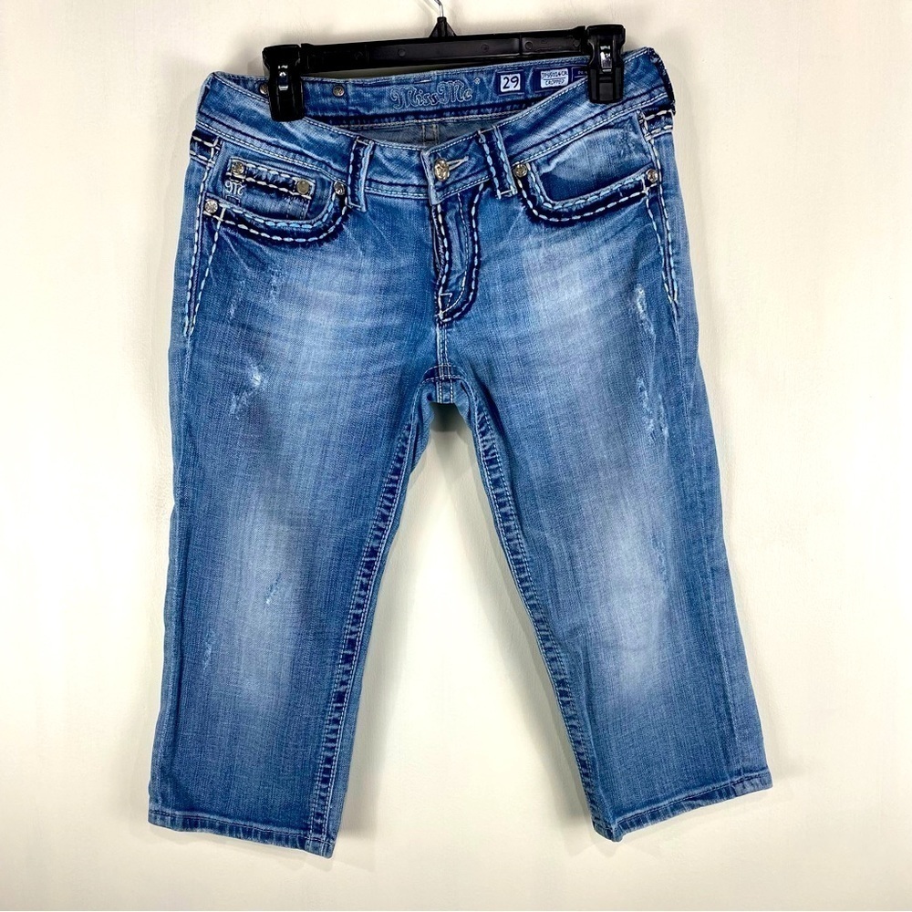 Miss Me Cropped Stitch Work Medium Wash Denim Jeans Capri Pants Artsy Size 29